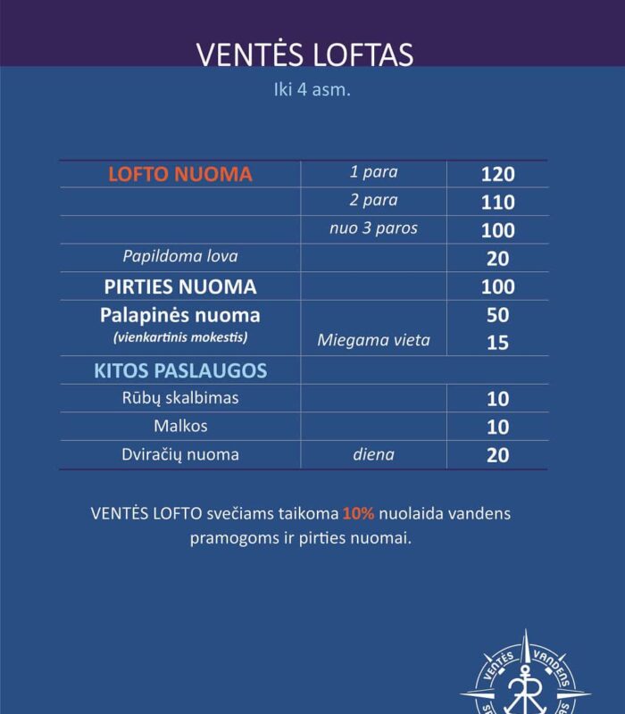 Ventesport.lt apgyvendinimo kainos 2026 R2 VVSC lofto kainoraštis 2026 | ventesport.lt